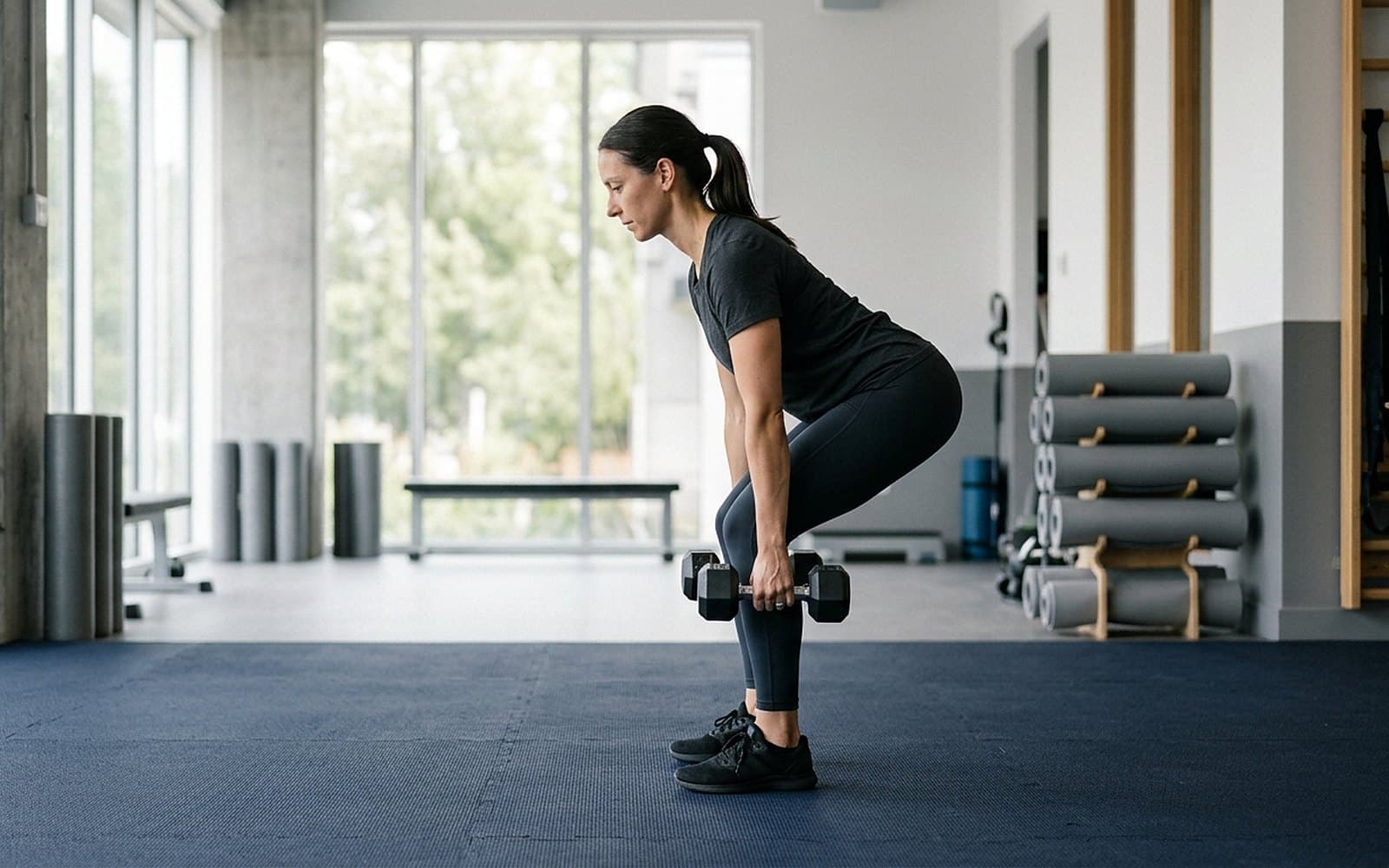 Woman performing a dumbbell Romanian deadlift in a physiotherapy gym